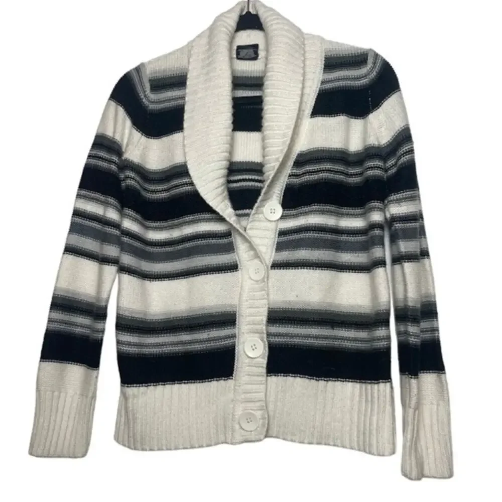 Cream Chunky Cardigan Womens Size Small Striped Sweater Long Sleeve Knit Top